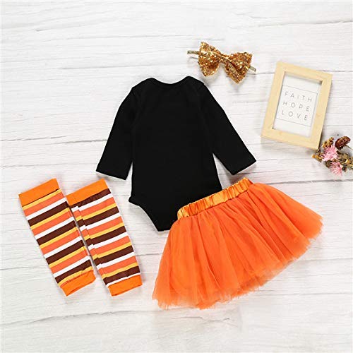 Baby Girls Halloween Outfits My 1st Halloween Romper+ Tutu Dress+ Striated Leg Warmer+ Bunny Headband 4Pcs Outfit Set (3-6 Months, Black&Orange)