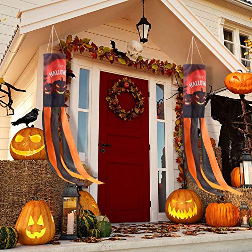 Frienda 2 Pack Halloween Pumpkin Windsock Flag with Warm Yellow LED Lights Outdoor Happy Halloween Hanging Decor for Yard Patio Garden Pathway Party Decoration