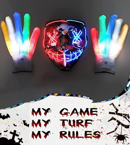 STONCH Halloween Mask Skeleton Gloves Set, 3 Modes Light Up Scary LED Mask with LED Glow Gloves, Halloween Decorations Anonymous Mask, Halloween Costumes glow purge Masks ​Gift for Boys Girls