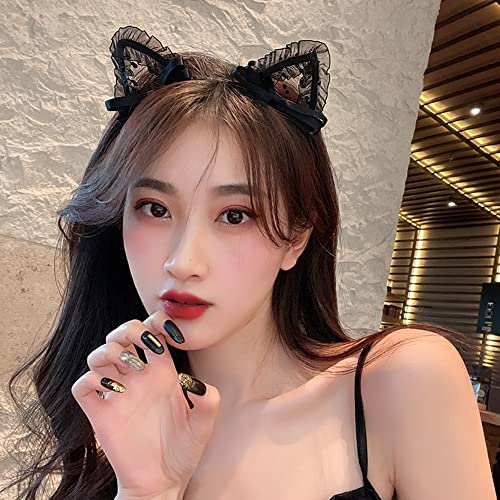 MOFEINI Sweet Lace Cat Ears Headband Black Cat Ears Hair Band Halloween Costume Accessories for Women Girls