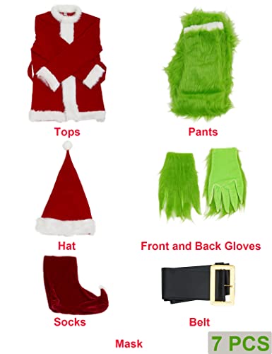 Earado Christmas Green Big Monster Santa Costume for Men 7 PCS Deluxe Furry Adult Santa Suit Xmas Holiday Outfit Set M
