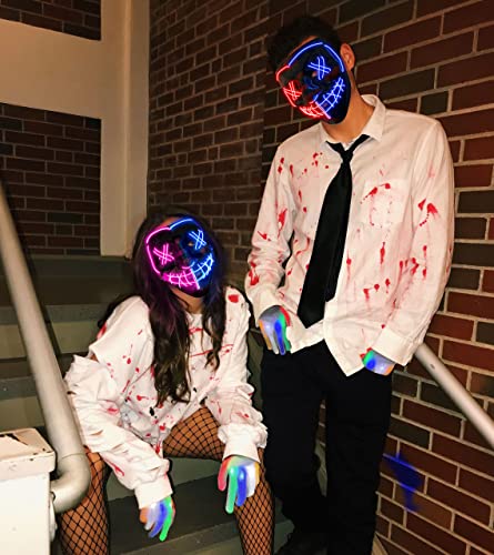 LED Purge Mask light up Skeleton Gloves Costumes, Light Up Halloween Mask and LED Gloves,Anonymous Hacker Scary Scream Halloween Mask Cosplay, Halloween Purge Costume for Men Kids Boys-( Red & Blue)