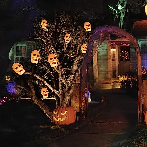 Vanthylit 4PK Halloween Pathway Lights with 20LT Clear Bulbs Lights Skull Stakes Light for Outdoor Halloween Decorations