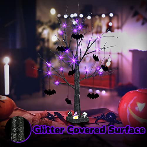 PEIDUO 2 FT Black Halloween Tree with 24 Purple Lights and 8 Bat Halloween Tree Ornaments Light up Bonsai Tree with Timer for Halloween Decorations Indoor Battery Powered
