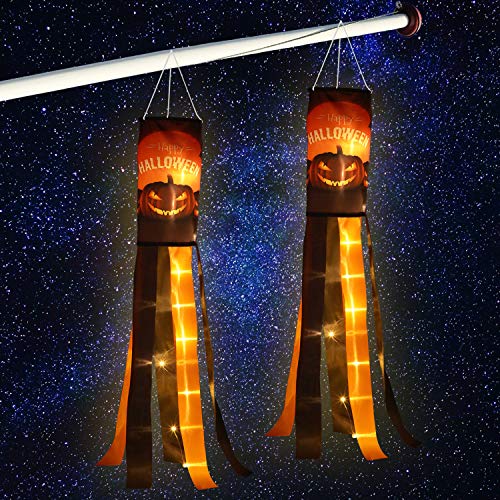 Frienda 2 Pack Halloween Pumpkin Windsock Flag with Warm Yellow LED Lights Outdoor Happy Halloween Hanging Decor for Yard Patio Garden Pathway Party Decoration