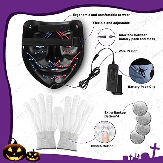 STONCH Halloween Mask Skeleton Gloves Set, 3 Modes Light Up Scary LED Mask with LED Glow Gloves, Halloween Decorations Anonymous Mask, Halloween Costumes glow purge Masks ​Gift for Boys Girls