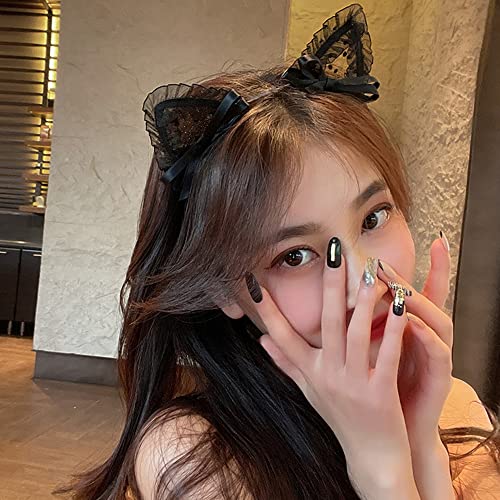 MOFEINI Sweet Lace Cat Ears Headband Black Cat Ears Hair Band Halloween Costume Accessories for Women Girls