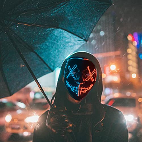 Halloween Scary Mask Cosplay Led Costume Mask,Light up for Halloween Festival Party, with 3 lighting Modes for Men Women Kid (Red+Blue)