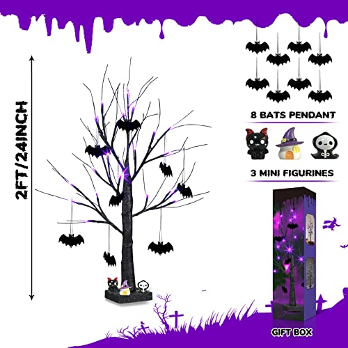 PEIDUO 2 FT Black Halloween Tree with 24 Purple Lights and 8 Bat Halloween Tree Ornaments Light up Bonsai Tree with Timer for Halloween Decorations Indoor Battery Powered