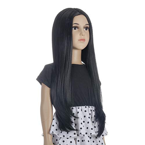 MORTICIA Long Straight Middle Parting Girls and Kids Halloween Costume Pretend Play Wig (Black)