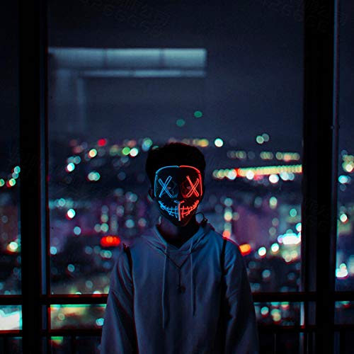 Halloween Scary Mask Cosplay Led Costume Mask,Light up for Halloween Festival Party, with 3 lighting Modes for Men Women Kid (Red+Blue)