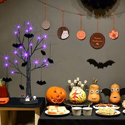 PEIDUO 2 FT Black Halloween Tree with 24 Purple Lights and 8 Bat Halloween Tree Ornaments Light up Bonsai Tree with Timer for Halloween Decorations Indoor Battery Powered