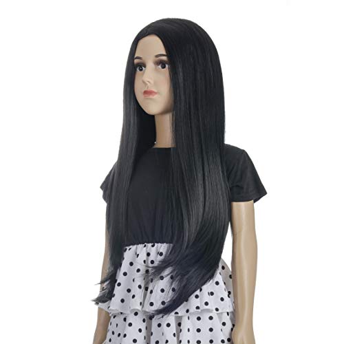 MORTICIA Long Straight Middle Parting Girls and Kids Halloween Costume Pretend Play Wig (Black)