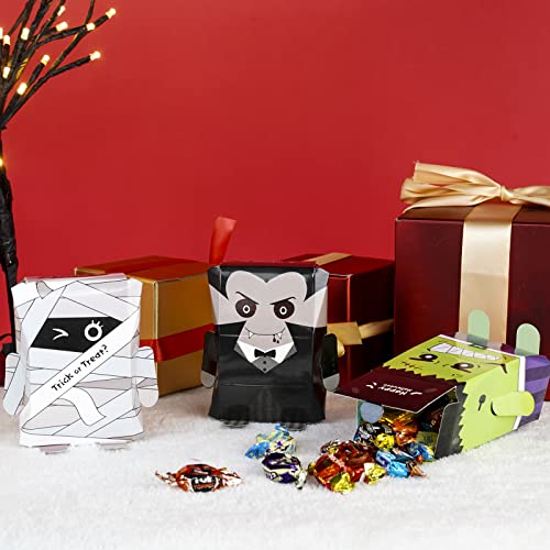 24 PCS Halloween Treat Boxes Red Pumpkin Spider, Ghost and Black Cat Cardboard Box 3.7 inches Halloween Boxes for Cookie Goodie Candy Sweet Crafts Party Favor Supplies (Vampire Mummy Frankenstein)