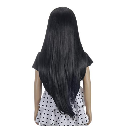 MORTICIA Long Straight Middle Parting Girls and Kids Halloween Costume Pretend Play Wig (Black)
