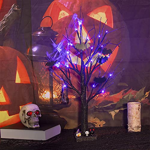 PEIDUO 2 FT Black Halloween Tree with 24 Purple Lights and 8 Bat Halloween Tree Ornaments Light up Bonsai Tree with Timer for Halloween Decorations Indoor Battery Powered