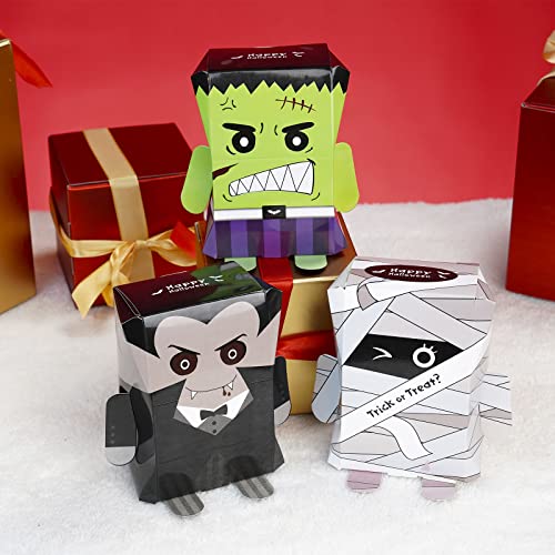 24 PCS Halloween Treat Boxes Red Pumpkin Spider, Ghost and Black Cat Cardboard Box 3.7 inches Halloween Boxes for Cookie Goodie Candy Sweet Crafts Party Favor Supplies (Vampire Mummy Frankenstein)