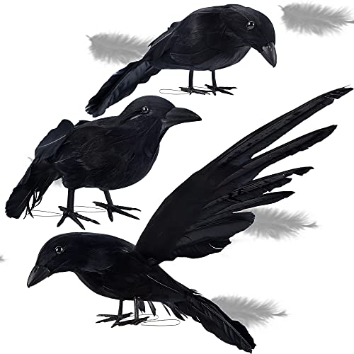 ATDAWN Halloween Black Feathered Crows, Realistic Looking Raven, Halloween Prop Decor, Spooky Halloween Party Home Decorations, 3 Pack