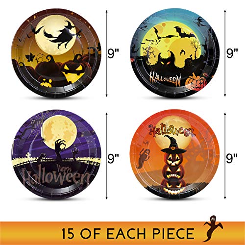 60 Count Halloween Party Plates 9" , Disposable Halloween Paper Dinner Plates Bulk with Pumkins and Witch Printed for Halloween Party Supplies and Decorations