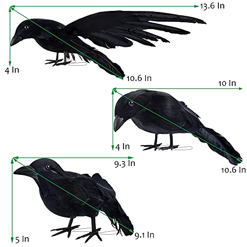 ATDAWN Halloween Black Feathered Crows, Realistic Looking Raven, Halloween Prop Decor, Spooky Halloween Party Home Decorations, 3 Pack