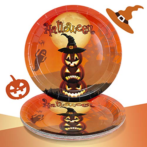 60 Count Halloween Party Plates 9" , Disposable Halloween Paper Dinner Plates Bulk with Pumkins and Witch Printed for Halloween Party Supplies and Decorations