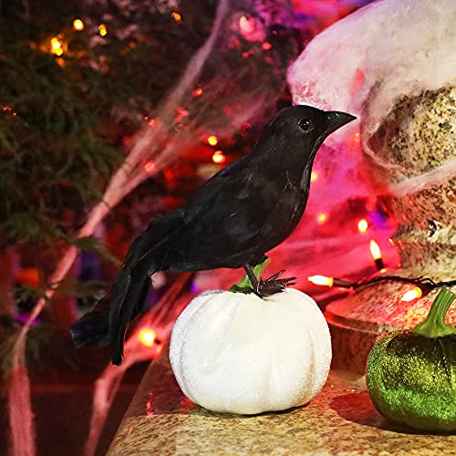 ATDAWN Halloween Black Feathered Crows, Realistic Looking Raven, Halloween Prop Decor, Spooky Halloween Party Home Decorations, 3 Pack