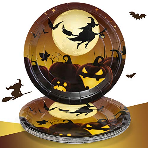 60 Count Halloween Party Plates 9" , Disposable Halloween Paper Dinner Plates Bulk with Pumkins and Witch Printed for Halloween Party Supplies and Decorations