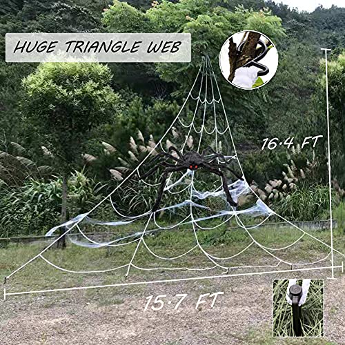 Halloween Spider Decorations, 50" Scary Giant Spider with 200" Triangle Web and 2×20gr Spider Webs, Large Hairy Spider Props for Halloween Creepy Decor Indoor, Outdoor, Party, Window, Wall, Yard