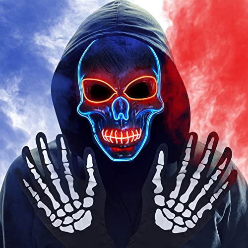 Halloween LED Mask and Skeleton Gloves, Scary Mask Light up with 3 Lighting Mode, Light up Mask for Halloween Cosplay Costume