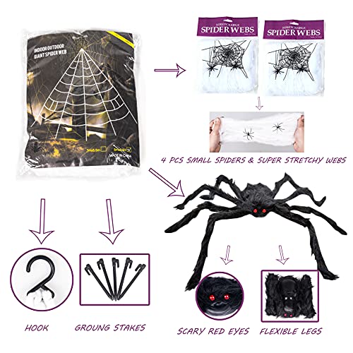 Halloween Spider Decorations, 50" Scary Giant Spider with 200" Triangle Web and 2×20gr Spider Webs, Large Hairy Spider Props for Halloween Creepy Decor Indoor, Outdoor, Party, Window, Wall, Yard