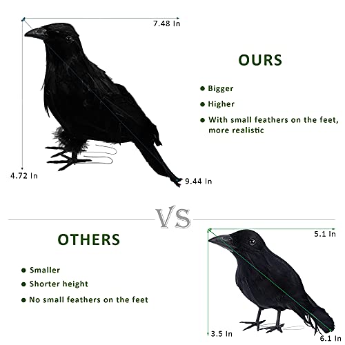 ATDAWN 9.44" Halloween Black Feathered Crows, Realistic Looking Halloween Decoration Birds, 6 Pack