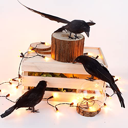 ATDAWN Halloween Black Feathered Crows, Realistic Looking Raven, Halloween Prop Decor, Spooky Halloween Party Home Decorations, 3 Pack