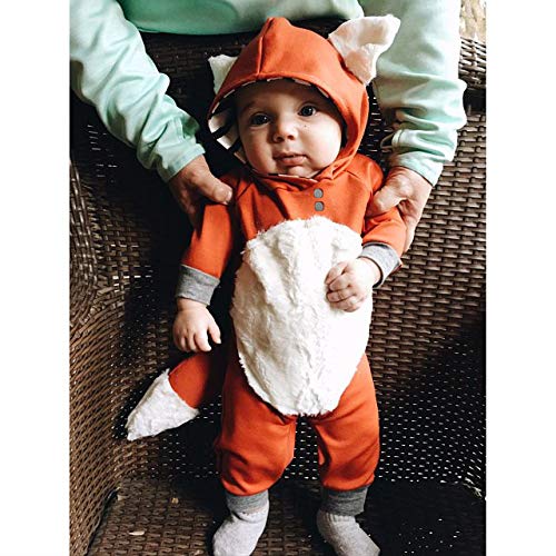 Newborn Baby Girl Boy Halloween Cosplay Cartoon Clothes Fox Coat Fur Bodysuit Jumpsuit Hooded Playsuit Romper Overall Outfit (Orange, 0-3 Months)