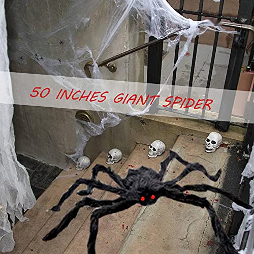 Halloween Spider Decorations, 50" Scary Giant Spider with 200" Triangle Web and 2×20gr Spider Webs, Large Hairy Spider Props for Halloween Creepy Decor Indoor, Outdoor, Party, Window, Wall, Yard