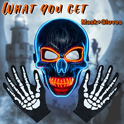 Halloween LED Mask and Skeleton Gloves, Scary Mask Light up with 3 Lighting Mode, Light up Mask for Halloween Cosplay Costume