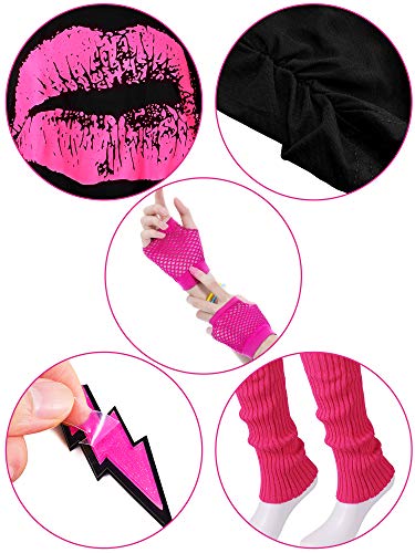 80s Costume Accessories Set T-Shirt Tutu Headband Earring Necklace Leg Warmers(XL, Black, Rose Red)