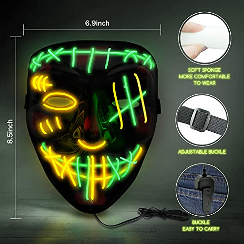 WINWINGOGO 2 Pack LED Halloween Mask, Scary Purge Mask with 3 Lighting Modes, Light up Face Mask for Halloween Costume Festival Parties Masquerade Cosplay Carnival, Gifts Toys for Men Women Kids