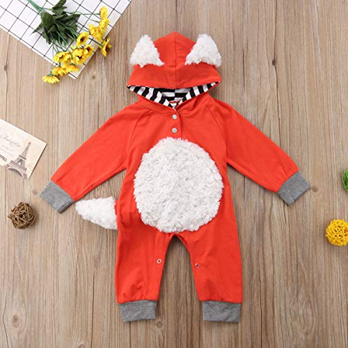 Newborn Baby Girl Boy Halloween Cosplay Cartoon Clothes Fox Coat Fur Bodysuit Jumpsuit Hooded Playsuit Romper Overall Outfit (Orange, 0-3 Months)