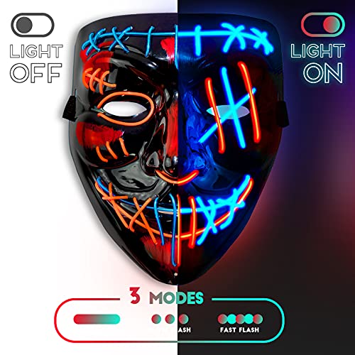 WINWINGOGO 2 Pack LED Halloween Mask, Scary Purge Mask with 3 Lighting Modes, Light up Face Mask for Halloween Costume Festival Parties Masquerade Cosplay Carnival, Gifts Toys for Men Women Kids