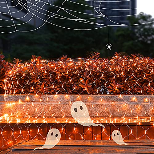 WATERGLIDE Outdoor Halloween Net Lights, 12FT x 5FT 360 LED Fairy String Light with 8 Lighting Modes, Connectable Light Safe Adaptor for Garden Tree, Bushes, Holiday Wedding Party Decorations, Orange