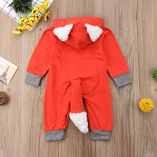 Newborn Baby Girl Boy Halloween Cosplay Cartoon Clothes Fox Coat Fur Bodysuit Jumpsuit Hooded Playsuit Romper Overall Outfit (Orange, 0-3 Months)