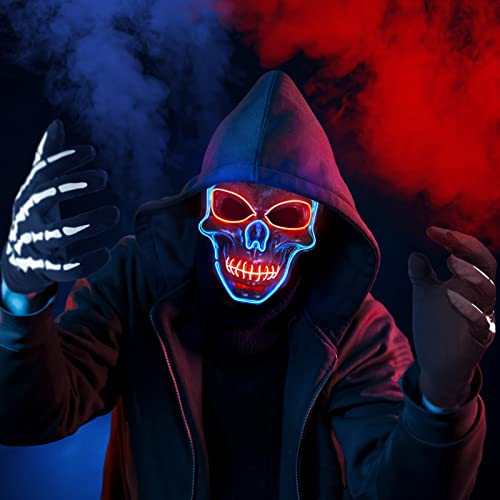 Halloween LED Mask and Skeleton Gloves, Scary Mask Light up with 3 Lighting Mode, Light up Mask for Halloween Cosplay Costume