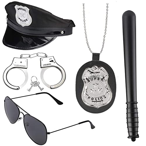 Beelittle Police Costume Accessories Police Hat Handcuffs Policeman Badge Police Officer Dress Up Costume Accessories for Cop Swat FBI Costume Party Halloween Role Play (Black 3)