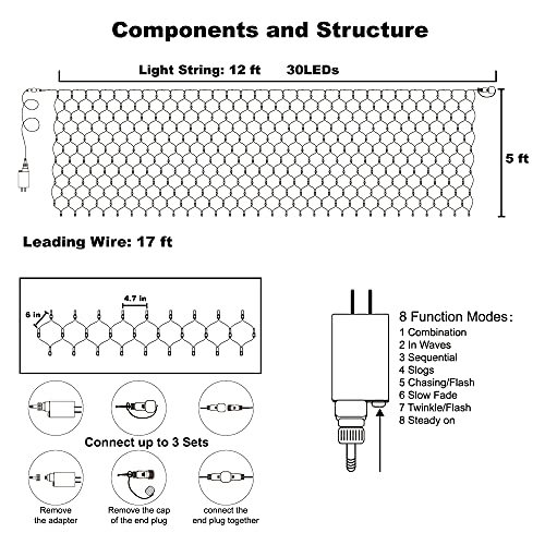 WATERGLIDE Outdoor Halloween Net Lights, 12FT x 5FT 360 LED Fairy String Light with 8 Lighting Modes, Connectable Light Safe Adaptor for Garden Tree, Bushes, Holiday Wedding Party Decorations, Orange