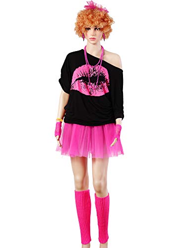 80s Costume Accessories Set T-Shirt Tutu Headband Earring Necklace Leg Warmers(XL, Black, Rose Red)