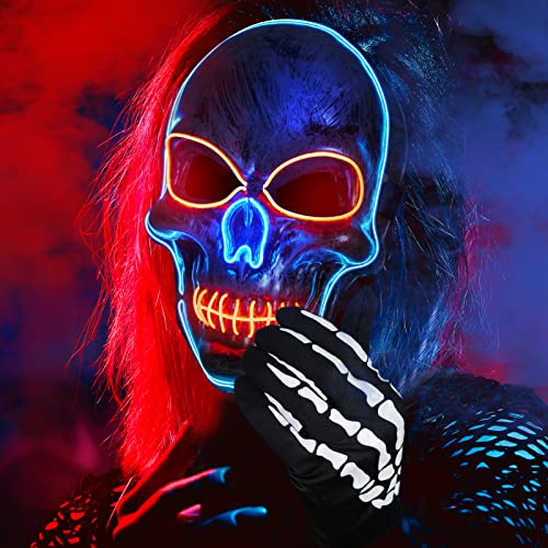 Halloween LED Mask and Skeleton Gloves, Scary Mask Light up with 3 Lighting Mode, Light up Mask for Halloween Cosplay Costume