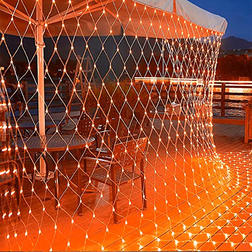 WATERGLIDE Outdoor Halloween Net Lights, 12FT x 5FT 360 LED Fairy String Light with 8 Lighting Modes, Connectable Light Safe Adaptor for Garden Tree, Bushes, Holiday Wedding Party Decorations, Orange