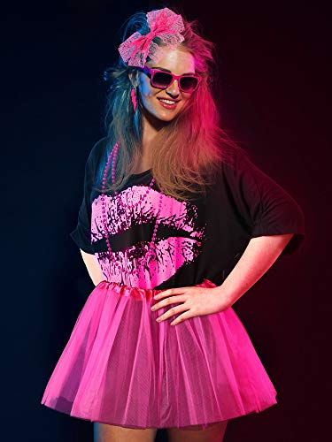 80s Costume Accessories Set T-Shirt Tutu Headband Earring Necklace Leg Warmers(XL, Black, Rose Red)