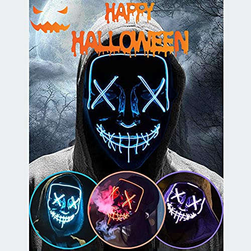 Halloween Led Light Up Mask, Purge Mask, Scary Mask Cosplay Led Costume Mask for Kids, Children & Adults with EL Wire Light up for Halloween, Festival Party, Masquerade, Carnival