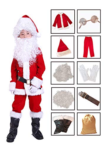 Bapbog Children's Deluxe Santa Suit Christmas Costume，Kids Christmas Halloween Costume Cosplay Set of 10 Pcs M